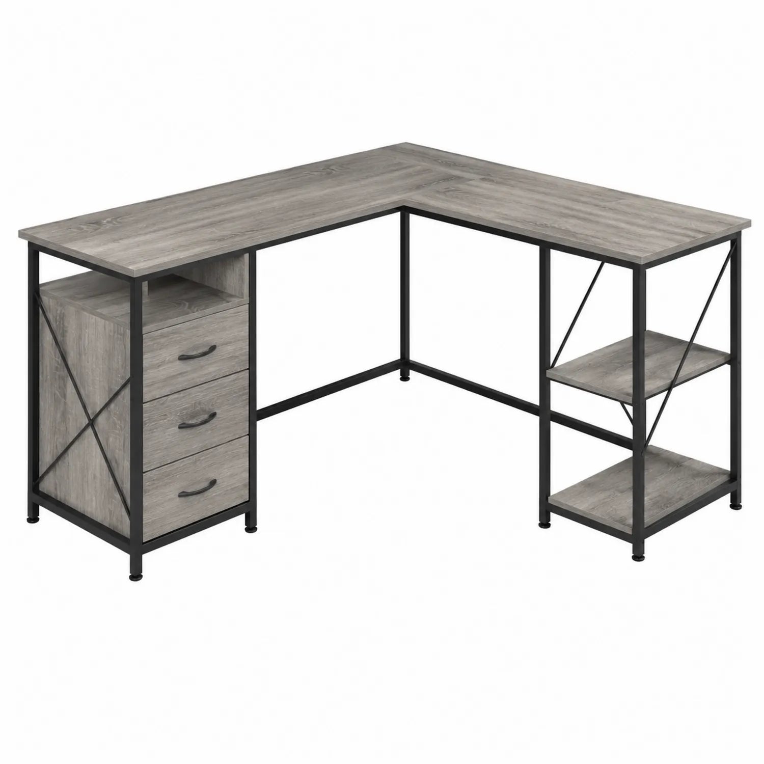 Biurko narożne L z szufladami i półkami metal drewno szare 150x120x75 cm