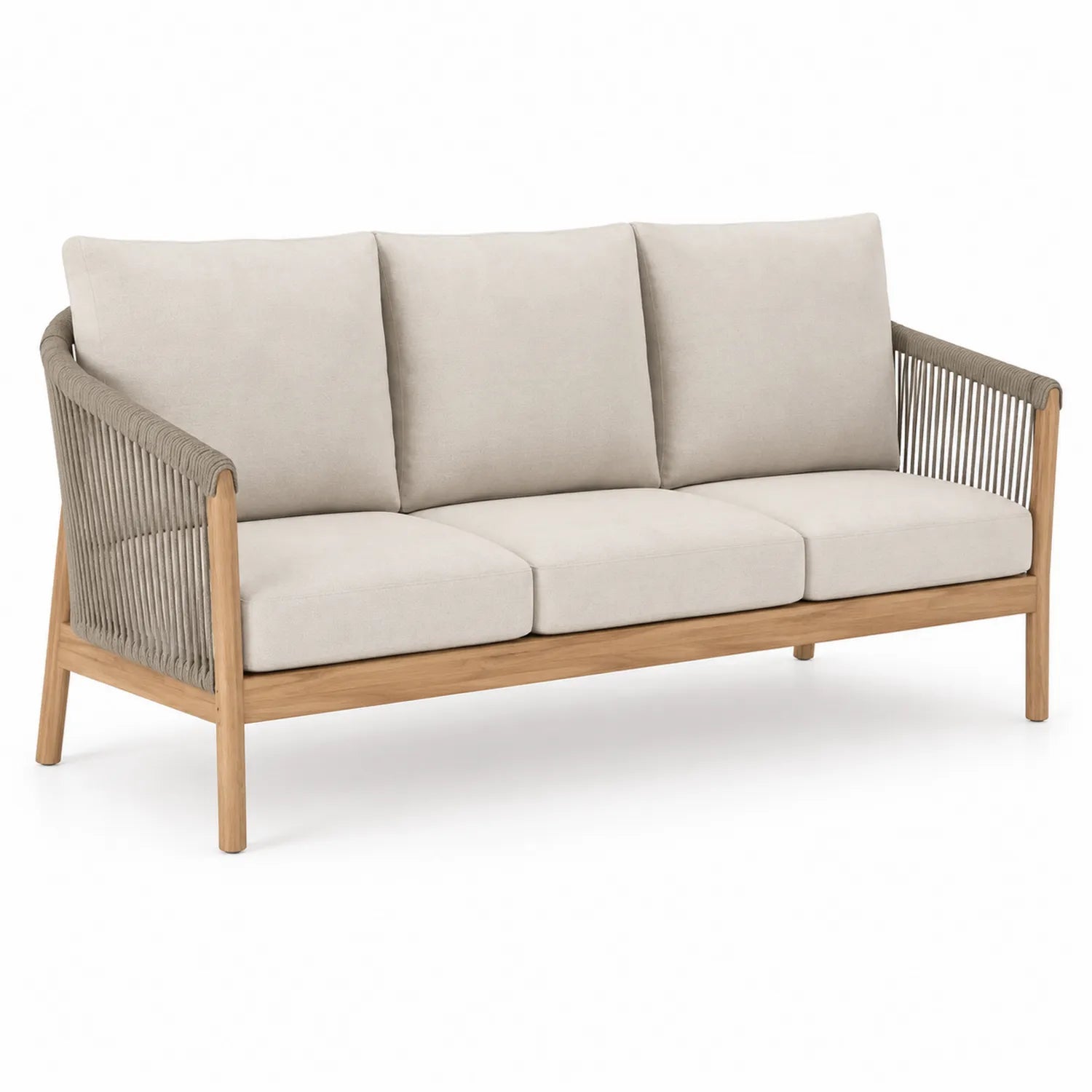 Drewniana sofa ogrodowa z beżowym sznurkiem 3-miejscowa
